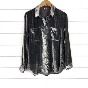 Pilcro Anthropologie Velvet Femme Button Up Shirt Gray Grey Boho Medium